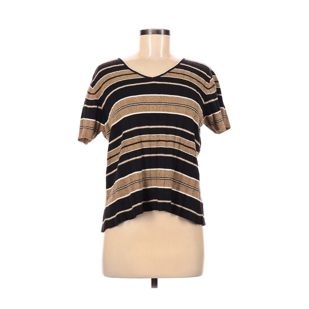 Liz Claiborne Lizsport Petite Black & Gold Striped V-Neck Knit Top M